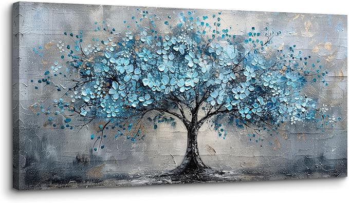 crmotu Tree of Life Large Wall Art for Living Room, Cherry Blossom Abstract Canvas Art Prints, Blue Flowers Tree Pictures Wall Decor, Nature Plant Modern Bedroom Bathroom Office Decor 29"X57"