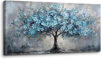 crmotu Tree of Life Large Wall Art for Living Room, Cherry Blossom Abstract Canvas Art Prints, Blue Flowers Tree Pictures Wall Decor, Nature Plant Modern Bedroom Bathroom Office Decor 29"X57"