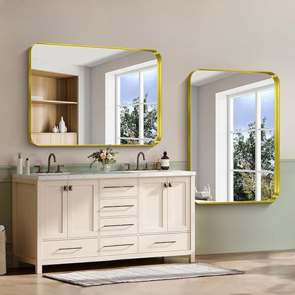 CIRCUMI Gold Bathroom Mirror, 36"x50" Rectangular Mirror with Deep Metal Frame, Rounded Corner, Tempered Glass, Large Mirror for Wall, Over 2 Sinks, Installed Vertically/Horizontally, Crystal-Clear