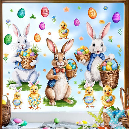 Easter Window Decoration Clings Bunny Decals for Glass Window Double-Side Vintage Bunny Decal Removable Easter Eggs Chick Rabbit Stickers for Living Room Kids Bedroom Nursery Spring Holiday Supplies