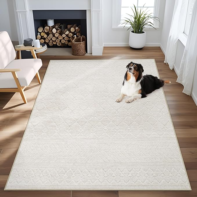Area Rug 4x6 Geometric Rug: Washable Boho Moroccan Rugs Soft Farmhouse Rug, Modern Neutral Stain Resistant Indoor Floor Carpet for Livingroom Bedroom Dining Table Nursery(Modern Beige,4'x6')