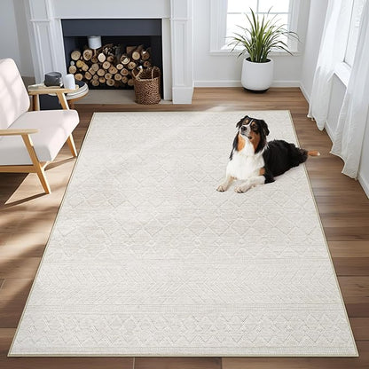 Area Rug 4x6 Geometric Rug: Washable Boho Moroccan Rugs Soft Farmhouse Rug, Modern Neutral Stain Resistant Indoor Floor Carpet for Livingroom Bedroom Dining Table Nursery(Modern Beige,4'x6')