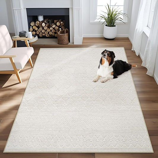 Area Rug 4x6 Geometric Rug: Washable Boho Moroccan Rugs Soft Farmhouse Rug, Modern Neutral Stain Resistant Indoor Floor Carpet for Livingroom Bedroom Dining Table Nursery(Modern Beige,4'x6')