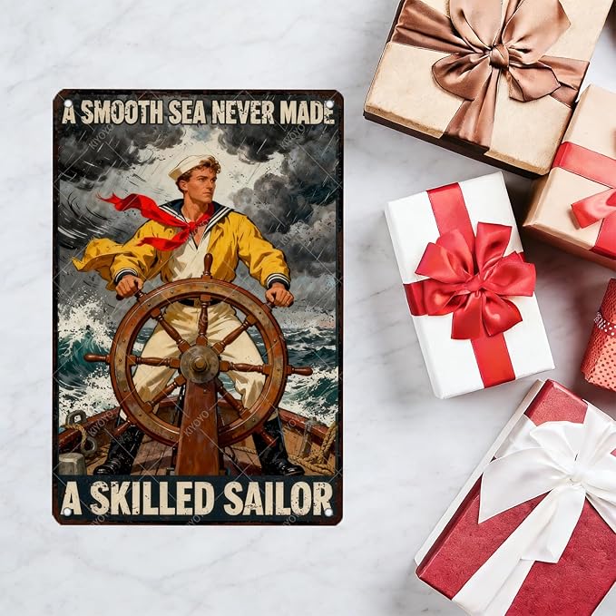 Vintage Tin Sign Metal Poster Plaque A Smooth Sea Never Made A Skilled Sailor Sailing Ship Poster Metal Sign Iron Painting Retro Wall Decor for Home Hotel Cafes Gift 16x12 Inch