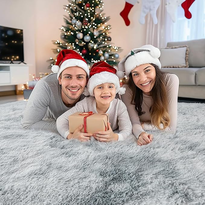 Grey Fluffy 8x10 Large Area Rugs for Bedroom Living Room, Tie-Dye Light Gray Soft Washable Shag Carpet for Kids Room, Nursery, Dorm Decor, Colorful Cute Plush Fuzzy Rugs for Baby Toddler