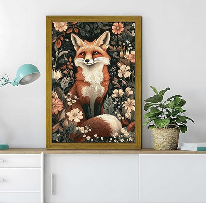 Framed 3D Textured Vintage Wall Art, Hand Drawn Sandstone Fox Wall Decor Paintings, Whimsical Forest Animal Floral Botanical Aesthetic Picture, Cottage Core Home Nursery Decor 16X24 inch