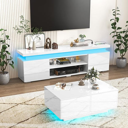 LED TV Stand for 75 Inch TV, Modern TV Stand with Power Outlet, High Gloss TV Console Entertainment Center with Storage and LED Lights for Living Room, Bedroom (66 Inch, White)