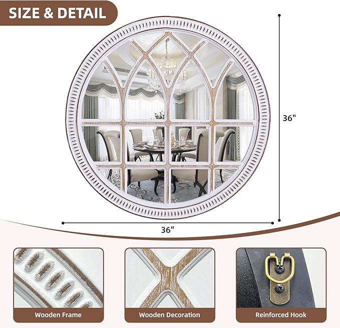 HOITUZYUS 36 Inches Rustic Round Wood Window Mirror, Farmhouse Windowpane Circle Mirrors for Wall Decor, Entryway, Living Room, Bathroom, Bedroom