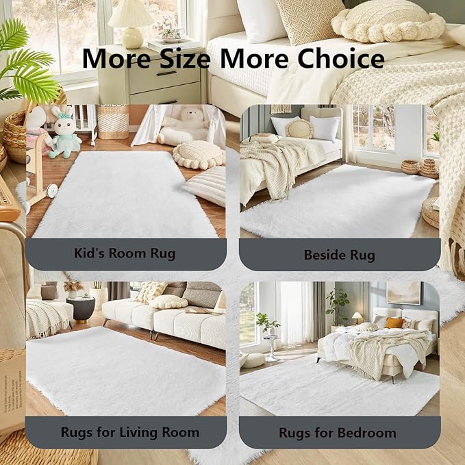 Floralux White Fluffy Rugs for Bedroom Living Room 4x6 Rug, Soft Fluffy Fuzzy Carpet, Shag Plush Carpets for Nursery Kids Room