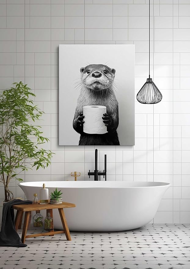 Black and White Bathroom Wall Art Canvas Framed Painting Otter with Toilet Paper Roll Humorous Animal Poster Wall Decor Artwork for Bathroom Guest Bath Decor 16x24 Inches