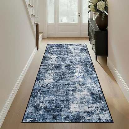 Rugflix 2x10 Runner Rug for Entryway, Kitchen Rugs Soft Non-Slip Washable Runners for Hallway, Abstract Small Carpet with Non-Slip Rubber for Bedroom, Living Room, Navy Blue/Black