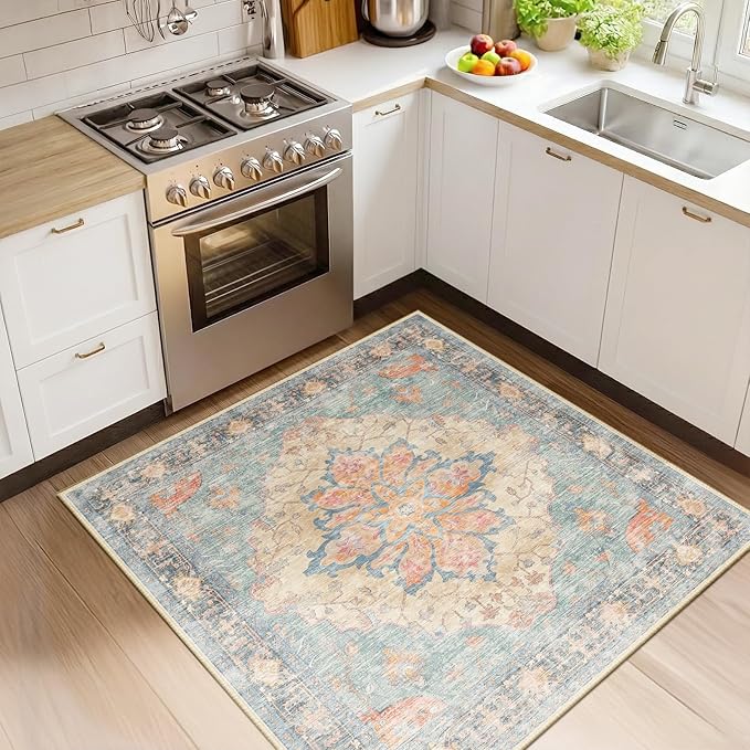 RELEANY Area Rugs Square 4ft Washable Non-Slip, Floral Vintage Distress Print Pattern Medallion Carpet for Living Room Bedroom Dining Room, Blue Orange Red