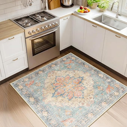 RELEANY Area Rugs Square 4ft Washable Non-Slip, Floral Vintage Distress Print Pattern Medallion Carpet for Living Room Bedroom Dining Room, Blue Orange Red