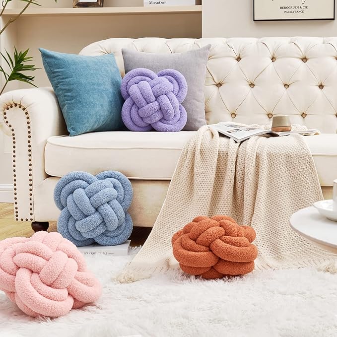 Knot Pillow, 12" Soft Decorative Throw Pillows for Couch Bed, Gray Pink Knotted Plush Throw Pillow Handmade Square Cushion Home Decor Pillows (New Pink, 12 Inches X12 Inches)