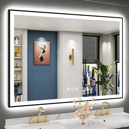 55x40 Black Framed LED Bathroom Mirror with Lights, Backlit and Front Lit Anti-Fog Lighted Vanity Mirrors for Bathroom Wall, Dimmable, 3 Colors, Memory, HD Tempered Glass, Horizontal/Vertical