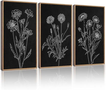 Drsoum Black White Flower Wall Art Vintage Minimalist Floral Wall Hanging Decor Bohemain Botanical Prints Artwork for Bedroom Living Room Hallway 16x24in Natural Framed