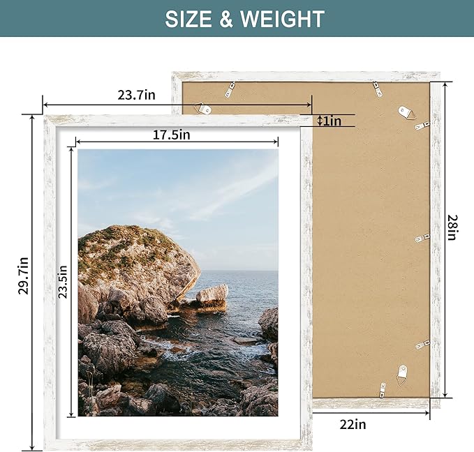 iRahmen 22x28 Poster Frame with 18x24 Mat - Plexiglass Wooden Picture Frames for Photo Wall Gallery Mounting (Distressed-White, Set of 2)