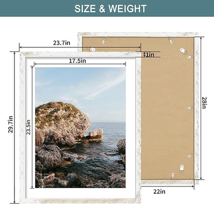 iRahmen 22x28 Poster Frame with 18x24 Mat - Plexiglass Wooden Picture Frames for Photo Wall Gallery Mounting (Distressed-White, Set of 2)