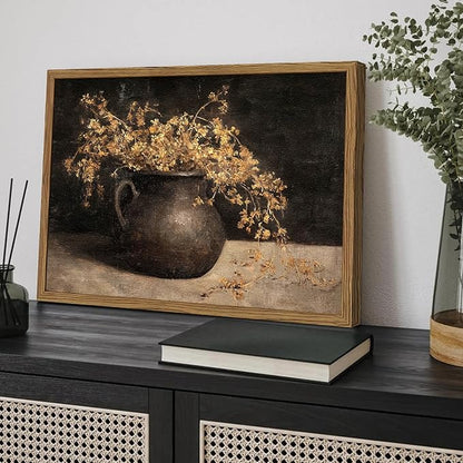 Framed Vintage Floral Wall Art, 3D Textured Sandstone Dark Still Life Flowers Wall Decor Paintings, Rustic Botanical Pictures Prints Aesthetic Home Decor for Living Room Bedroom 16x24 inch