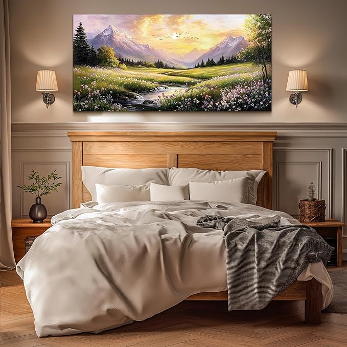 crmotu Landscape Wall Art, Mountain Wall Art, Countryside Scenic Canvas Prints, Nature River Wildflower Spring Oversized Paintings for Living Room Bedroom Dining Room Farmhouse Cottage 29x57inch