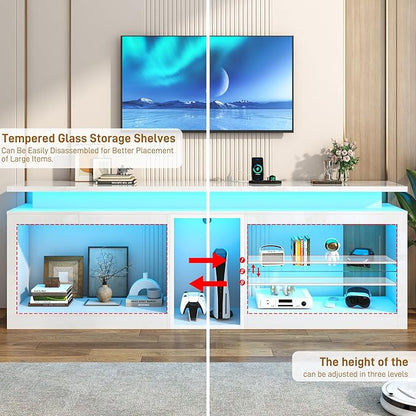 80" LED TV Stand with Power Outlet,60-Colors LED Lights For 80 85 90in TV,High Gloss Gaming Entertainment Center w/Adjustable Shelves,White TV Console with Modern Design for Living Room Bedroom