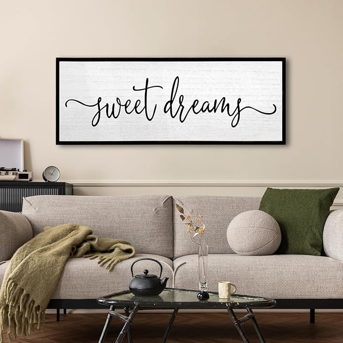 Sweet Dreams Wall Decor Above Bed Sign 32''×12'' Large Wood Framed Master Bedroom Guest Room Sweet Dreams Signs Farmhouse Rustic Wall Art Decoration (Black)