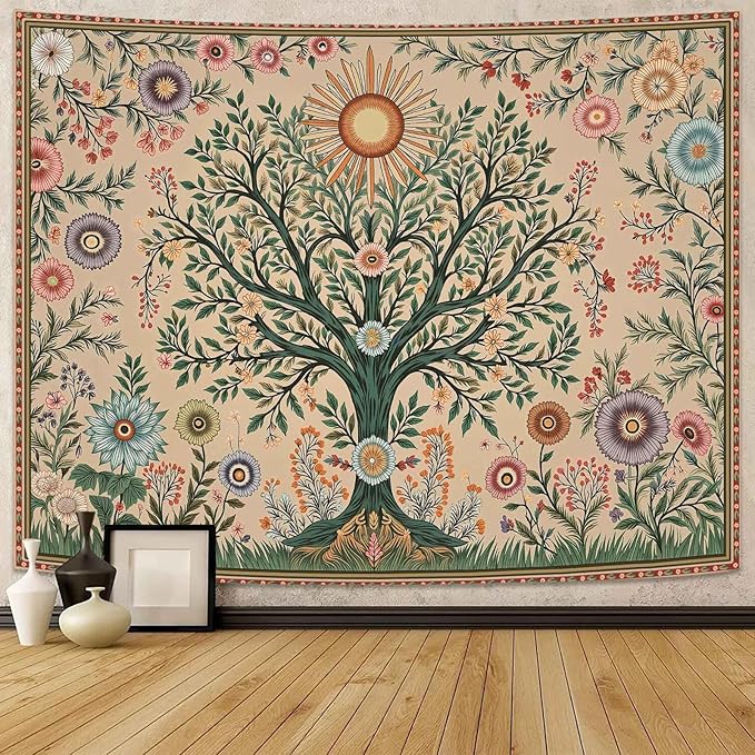 Lunerfex Chakra Tree Wall Tapestry - Celestial Sun & Floral Wall Hanging for Bedroom and Living Room - Boho Spiritual Decor Tapestries 60"x44"