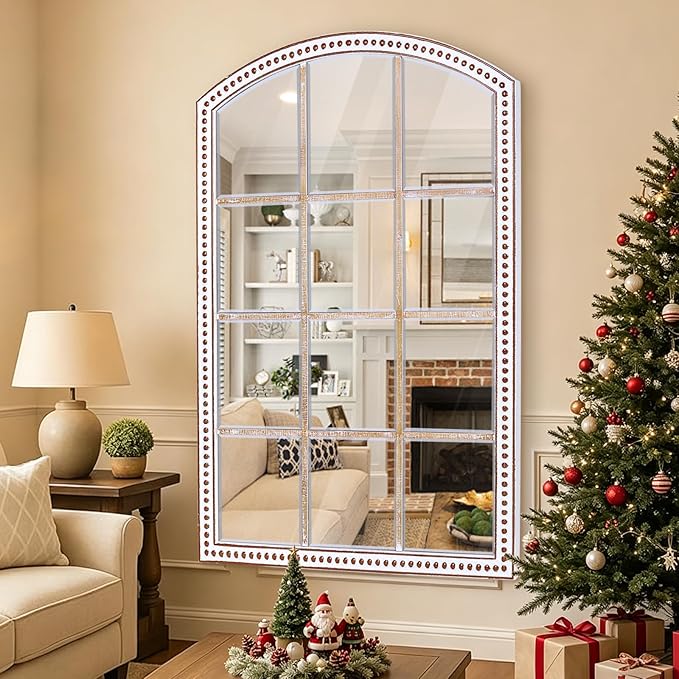 HOITUZYUS 42x28 Inch Farmhouse Arched Windowpane Wall Mirror, Rustic Decorative Mirrors for Living Room, Bedroom, Entryway, Hallway, Bathroom