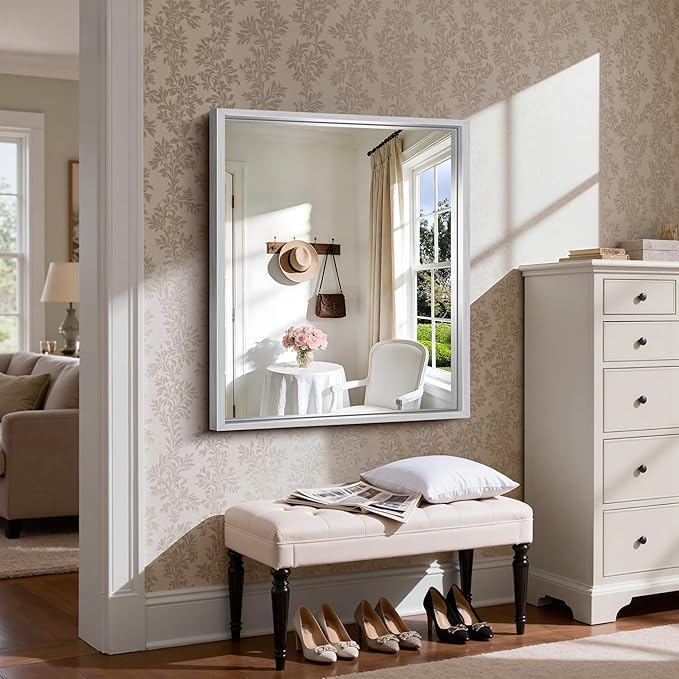 CIRCUMI 30"x36" Brushed Silver Mirror with Chunky Box Metal Frame, Bathroom Mirror for Vanity Remodel & New Home, Living Room, Entryway, Rectangular Wall Mirror, Tempered Glass, Vertical or Horizontal
