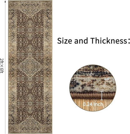 Non-Slip Runner Rugs for Hallway: 2x6 Washable Long Rug for Entryway Kitchen Bathroom Bedroom Indoor - Vintage Home Decor Mat Carpet - Oriental Dark Brown