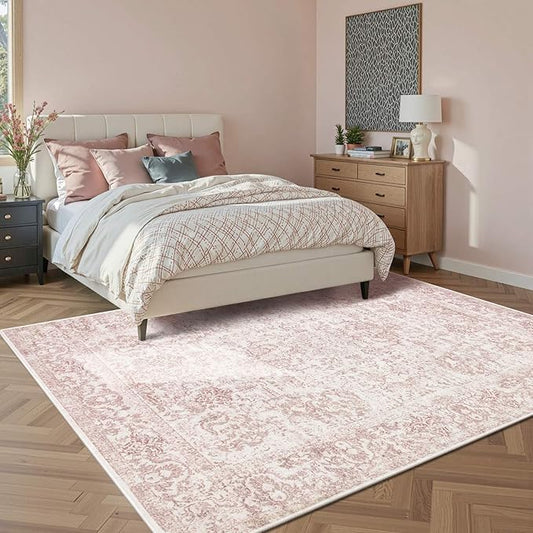 Rugxara 6x9 Washable Area Rug for Living Room & Bedroom, Large Light Pink Rugs for Women, Non Slip, Durable Low Pile Carpet, Vintage Carpets for Office, Dining Room, Kids Room and Farmhouse