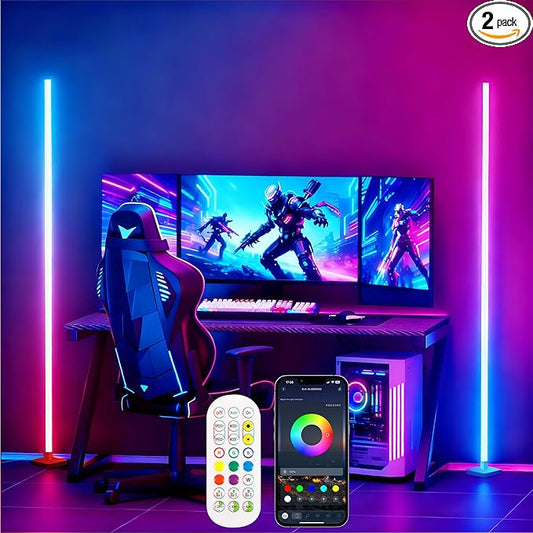 Flupuro 2 Pack DIY Corner Floor Lamps, ICRGB Floor Lamp with Music Sync and 16 Million Colors, Color Changing Standing Floor LED Lights for Bedroom Living Room Decor, Ambient Mood Lighting Gaming