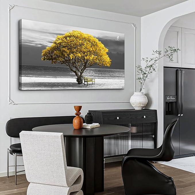 wall art for living room Decorations Photo Prints - panoramic black and white with yellow trees The moon scenery - Modern Home Decor The room Stretched and Framed Ready to Hang artwork 20X40inches