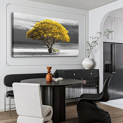 wall art for living room Decorations Photo Prints - panoramic black and white with yellow trees The moon scenery - Modern Home Decor The room Stretched and Framed Ready to Hang artwork 20X40inches
