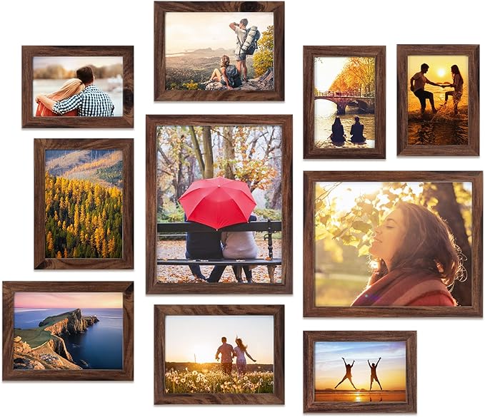 Giftgarden 10-Pack Brown Picture Frames for Multiple Sizes Photos, Four 4x6, Four 5x7, Two 8x10, Multi Assorted Rustic Walnut-Color Frame Collage for Wall or Tabletop