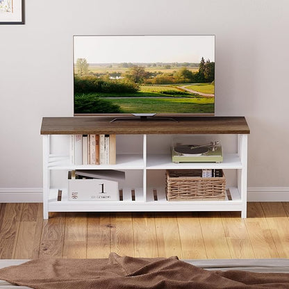 ChooChoo Farmhouse TV Stand for TVs up to 60 Inch, Modern Entertainment Center with 4 Open Shelves & Built-in Cable Holes, Media TV Console for Living Room, Bedroom, White