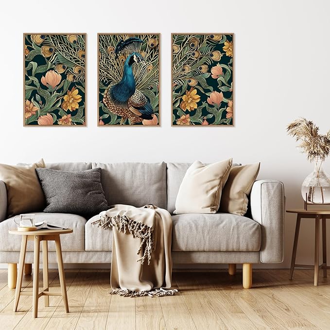HLNIUC Elegant Peacock Wall Art Canvas,Boho Flower Wall Art,Blue Peacocks Artwork,Animal Feather Artwork,Vintage Animal Framed Decor,William Morris Prints for Living Room Bedroom Office-16x24x3