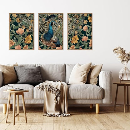 HLNIUC Elegant Peacock Wall Art Canvas,Boho Flower Wall Art,Blue Peacocks Artwork,Animal Feather Artwork,Vintage Animal Framed Decor,William Morris Prints for Living Room Bedroom Office-16x24x3