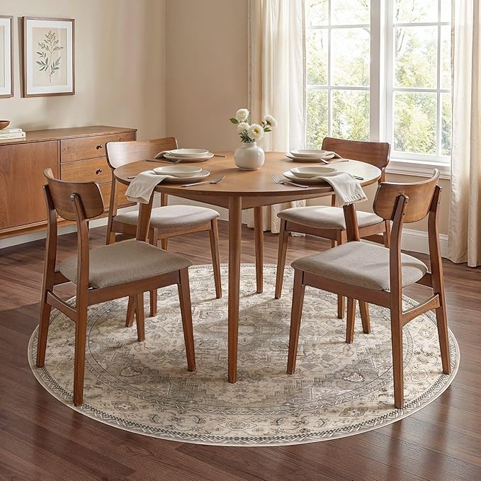 6FT Round Area Rugs for Living Room - Washable Neutral Vintage Distressed Farmhouse Large Soft Floor Rug Indoor Carpet for Bedroom Dining Room Office - Brown/Multi