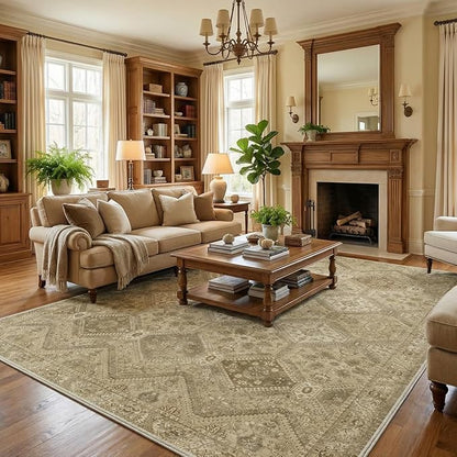 GENIMO 5x7 Area Rugs for Living Room, Machine Washable Non Slip Vintage Rugs, Low Pile Lightweight Print Rug for Bedroom, Dining Room, Home Office, Tan Brown