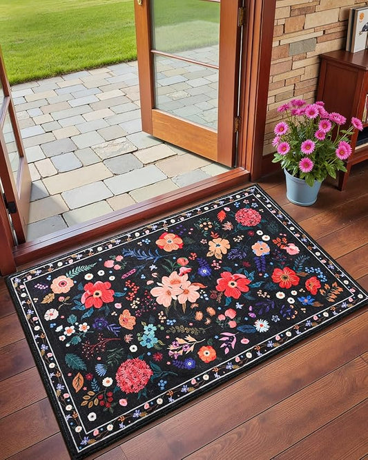 Macgace 2x3 Small Floral Rug for Entryway, Flowers Printed Washable Rugs with Non Slip Backing for Girls Bedroom Kitchen, Cute Throw Carpet Front Door Entry Decor, Black