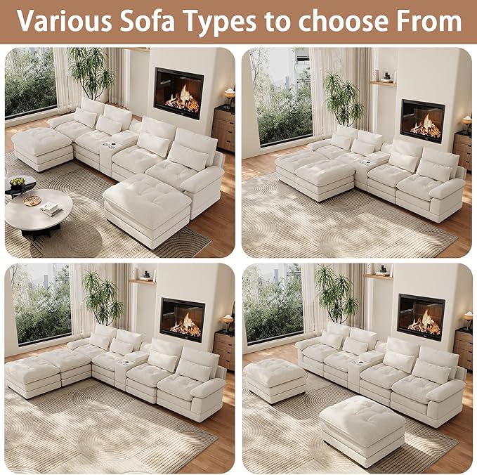 134"U Shaped Sectional Couches for Living Room, Oversized Modular Sectional Fluffy Couch with 2 Ottoman & Storage Console,Modern 6 Seat Living Room Sofa with Glitter Fabric,Tufted Buttons, Beige