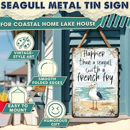 Metal Tin Sign Poster Funny Wall Art Seagull With French Fry Plaque Retro Decor For Beach Lovers Coastal Home Lake House Poolside Nautical Bar 8x12 Inch