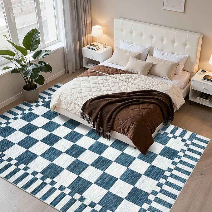 GarveeHome Blue and White Checkered Rug 5×7 Area Rugs for Living Room,Non-Slip Washable Rug Soft Low-Pile, Modern Farmhouse Geometric Rugs for Bedroom Dining Room