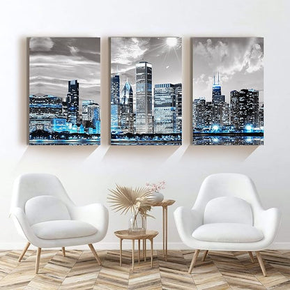 SERIMINO Chicago Skyline Wall Art for Living Room, Modern City Pictures Canvas Wall Decor for Office Bedroom 3 Pieces Set Night Scene Prints Paintings for Home 12"X16"