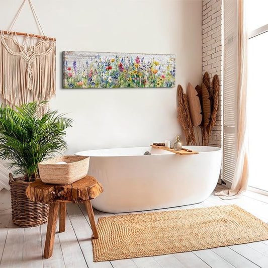 Rustic Wildflower Wall Art Colorful Farmhouse Floral Scenery Picture Decor Watercolor Flower Landscape Wood Grain Prints Painting Artwork for Living Room Office Bathroom Bedroom Home Decoration 14x48"