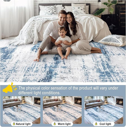 8x10 Area Rugs for Living Room - Washable Rug Modern Abstract Soft Large Neutral Non-Slip Carpet Indoor Floor Thin Carpets for Bedroom Dining Room Farmhouse Nursery Home Office White Blue Grey