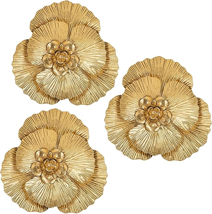 DILATATA 3 Pcs Metal Flower Wall Art Set 10 Inch Rustic Modern Floral Sculpture 3D Metal Flower Wall Hanging Accent for Indoor Living Room Bedroom Kitchen Bathroom Garden Patio Decor - Gold