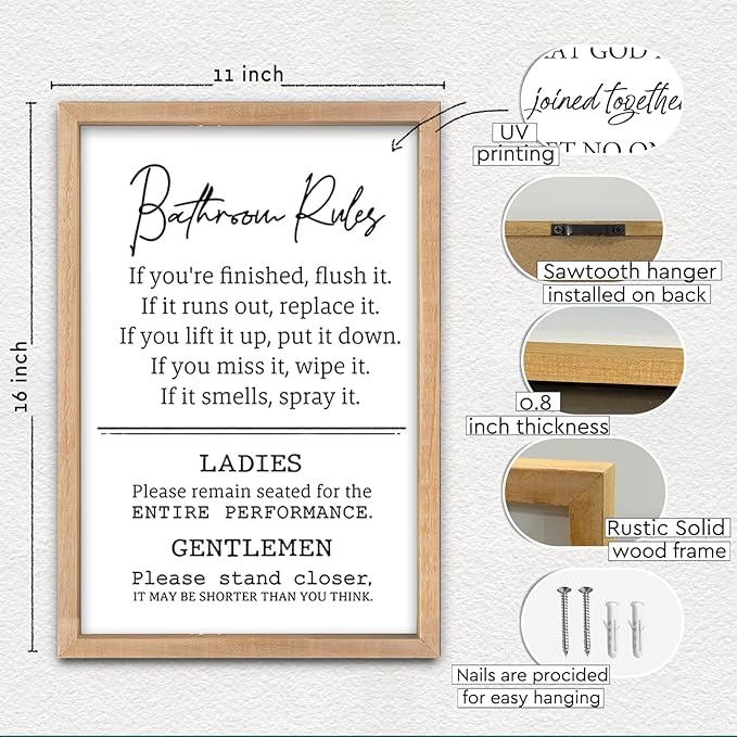 Bathroom Rules Wall Decor 16"×11" Restroom Toile Sign Humor Quotes for Bathroom Humorous Modren Restroom Wood Framed Wall Hanging Art (Wood）