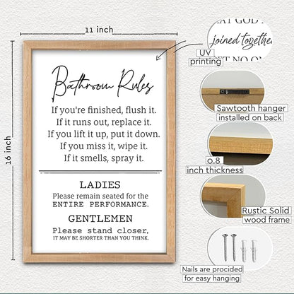 Bathroom Rules Wall Decor 16"×11" Restroom Toile Sign Humor Quotes for Bathroom Humorous Modren Restroom Wood Framed Wall Hanging Art (Wood）